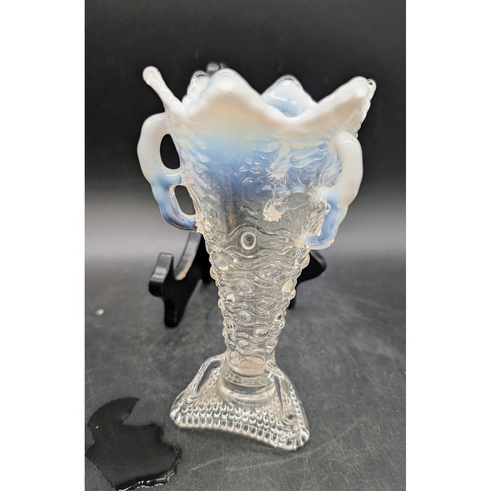 Antique Jefferson Glass Aurora Borealis White Opalescent Ruffled Bud Vase 5"